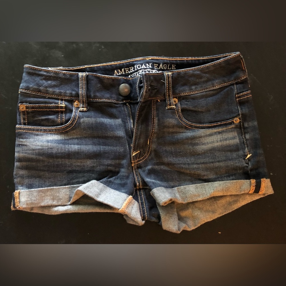 American Eagle Size 0 Super Stretch Shortie Jean Shorts Dark Wash With Cuffs